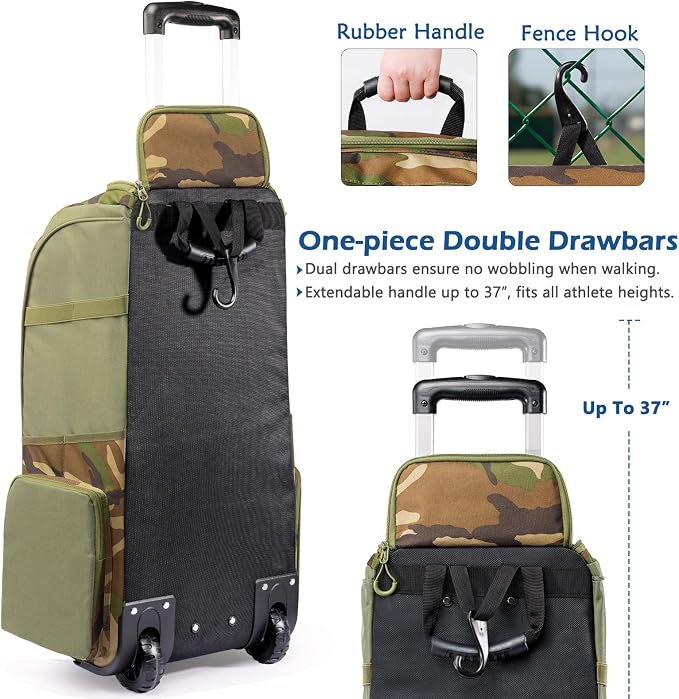 Large Rolling Baseball Catchers Gear Bag with Wheels, Softball Bag with Hard Backing for 4 Bats,Equipment Bag with Separate Shoe & Helmet Compartments, Youth Baseball Bag with 360° Spinner Wheels