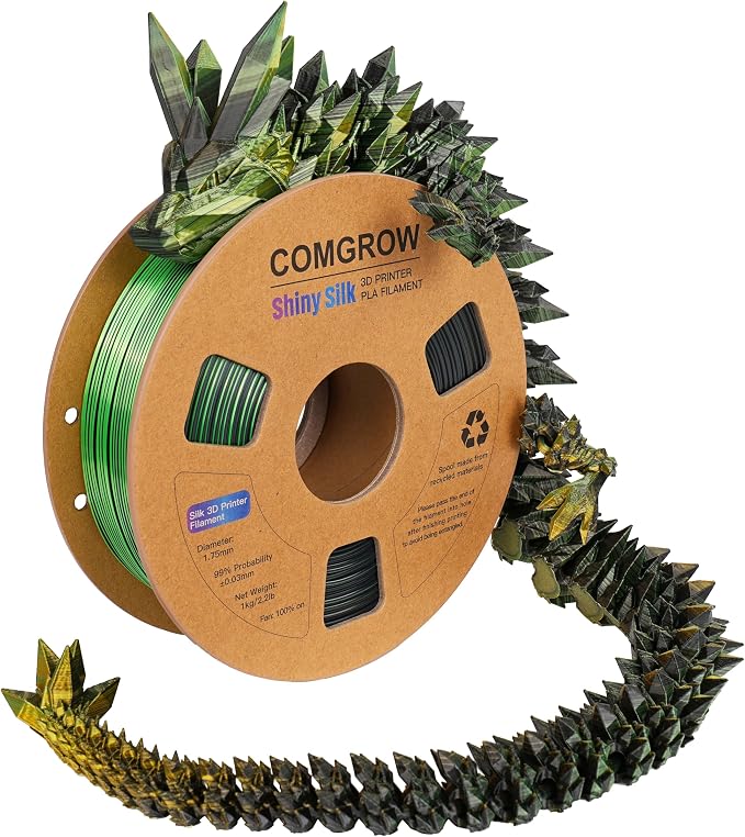 Comgrow Tri-Colors Silk PLA 3D Printer Filament, Rainbow PLA Filament 1.75mm, Dimensional Accuracy +/- 0.02 mm, 1KG Spool, Coextrusion 3D Filament with Shiny Silk Golden-Green-Black