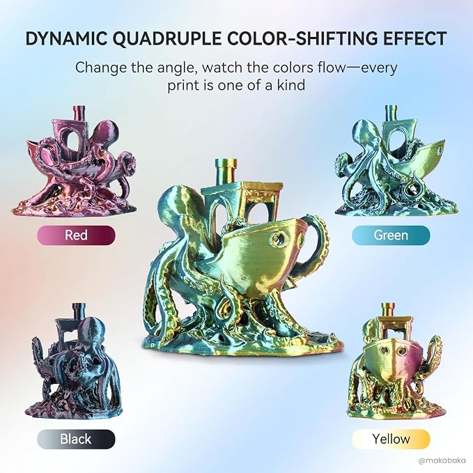 JAYO Silk Quad-Color PLA Filament 1.75mm Red-Yellow-Green-Black 1.1kg, Four-Color Gradient PLA, High Gloss Shine, Smooth Layer Concealment, Fits for Most FDM 3D Printers