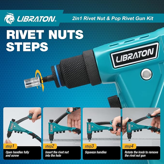 LIBRATON 2in1 Rivet Nut and Pop Rivet Gun Kit, with 8 Mandrels (Metric & SAE), 4 Nose Pieces (2.4-4.8mm), 80 Nuts and 200 Rivets, Adjustable Riveting Tool for DIY & Repair with Carrying Case