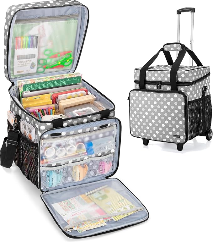 LUXJA Rolling Scrapbook Tote, Scrapbook Bag with Detachable Dolly (Patented Design), Gray Dots