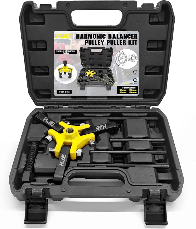 KJE Harmonic Balancer Puller Kit – Adjustable 3-Jaw Puller Set for Removing Harmonic Dampers & Balancers -Includes 3/8” Square Drive Forcing Screw & 4 Rods