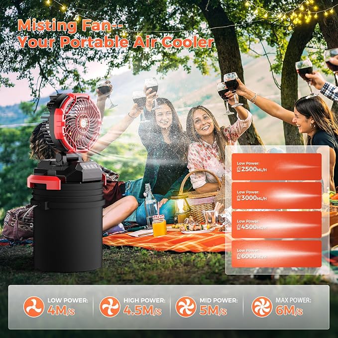 Portable Misting Fan, 30000mAh Rechargeable Battery Powered Floor Cooling Fan with 4 Strong Winds, 4 Spray Mister, Adjustable Base for 10-13in Bucket for Camping, Beach, Patio (Red, Medium)