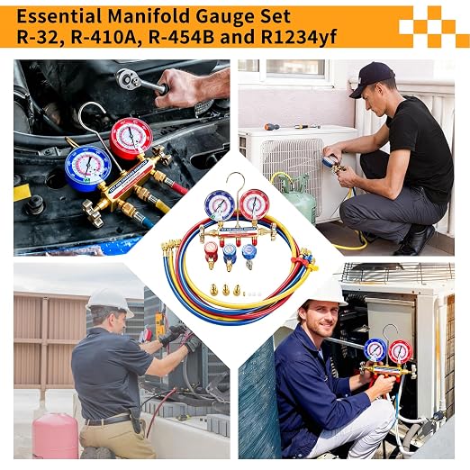 42036 Manifold Gauge Set, A2L Compatible, 3-1/8" (80mm) Anti Vibration Gauges, 60" Y/R/B Refrigerant Hoses, 1/4" Fittings, 2 Valve, for HVAC Test and Charging of R-32, R-454B, R-410A, R-1234yf