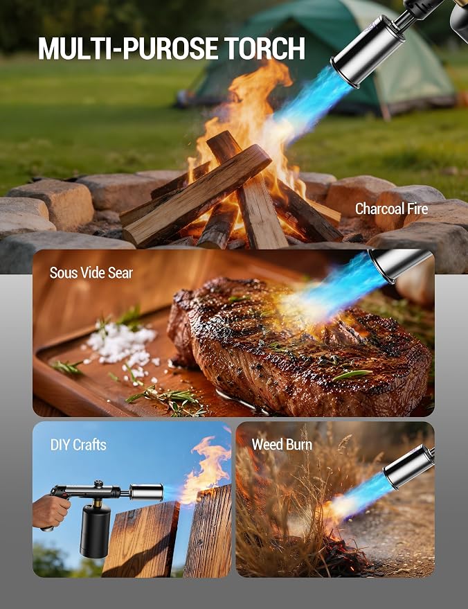 ThermoMaven Propane Torch with One-Touch Max Fire, Blow Torch Gun with Safety Lock, Charcoal Lighter Flame Thrower, Kitchen Food Torch Head for Grill, Sous Vide, BBQ, Evergreen(Tank Not Included)
