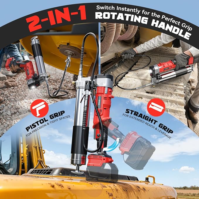 DIYtoolifz Cordless Grease Gun Compatible with Milwaukee 18V Battery, 12000PSI High-Pressure with 2-in-1 Rotating Handle, 39.4" Hose & 4 Couplers for Bulk & Cartridge Grease (Tool Only)