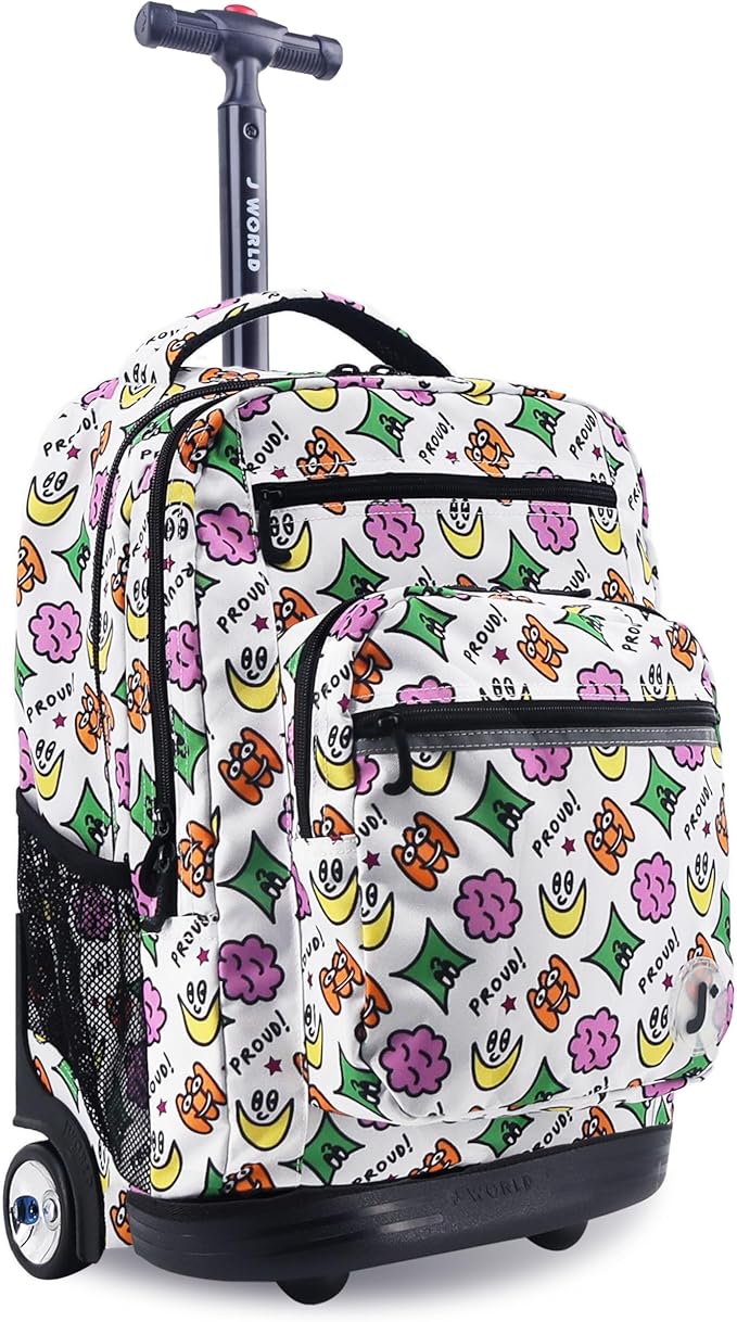 J World Sundance Laptop Rolling Backpack for Girls Boys. Roller Bookbag with Wheels, 20 Inch, Proud