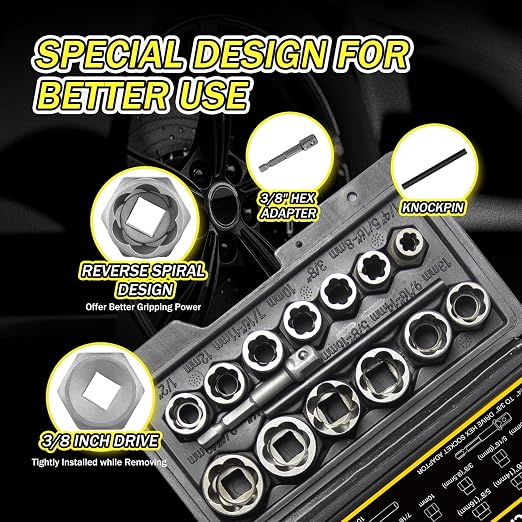 15Pcs Bolt Extractor Socket Set, Heavy-Duty Nut Socket Set, 3/8" Drive Impact Stripped Bolt Remover & Locking Lug Nut Tool for Damaged/Frozen/Rusted Bolts, Nuts & Screws, Storage Case Included