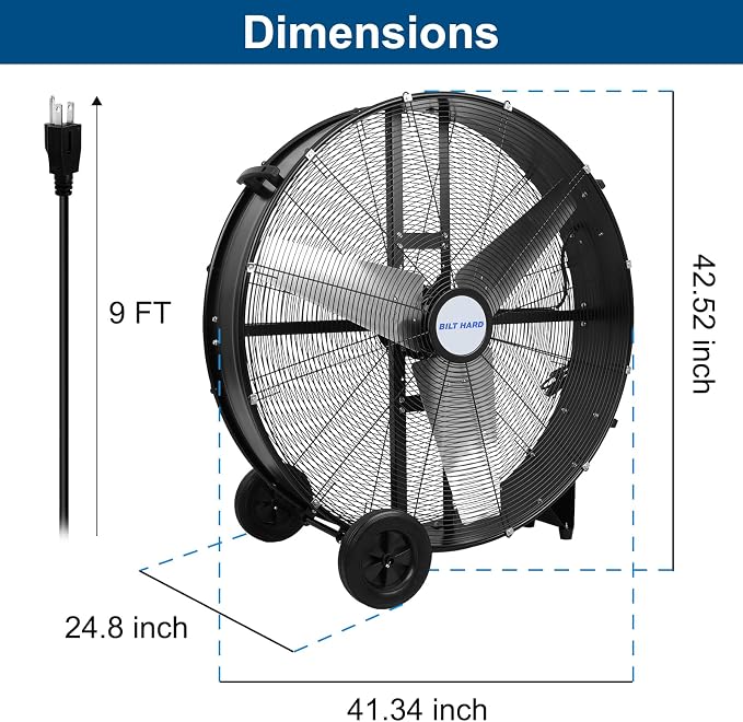 BILT HARD 26800 CFM 42 inch Industrial Drum Fan, 2 Speed Heavy Duty Shop Fan with 4/5HP Powerful Motor for Warehouse, Garage, Industrial and Commercial Use