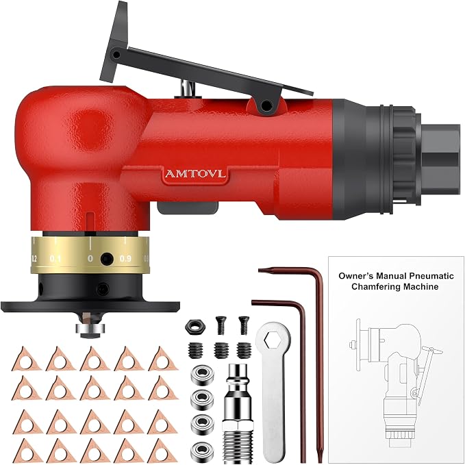 AMTOVL Pneumatic Chamfering Tool - Mini Air Chamfer Tool with 10 C-Angle & 10 R-Angle Blades, 45° 30000 RPM Chamfering Tool for Metal and Wood with 1/4" Air Inlet