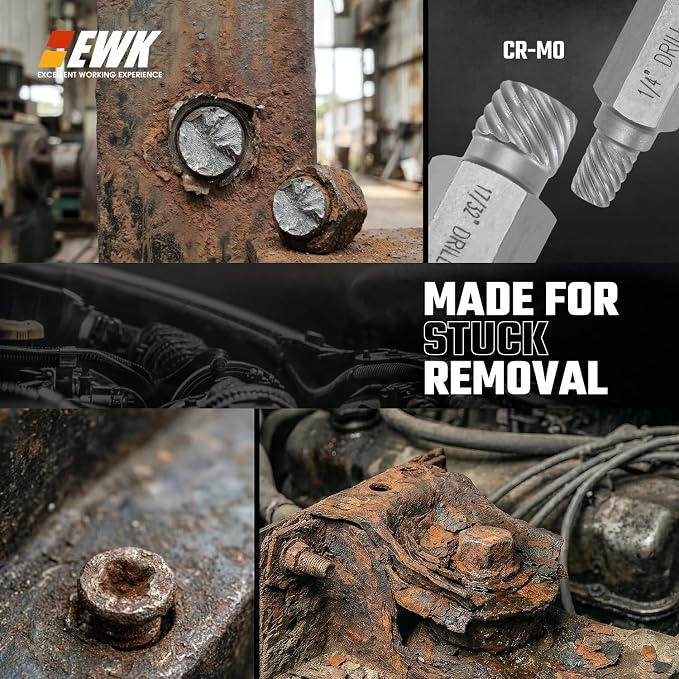 EWK 25-Piece Multi-Spline Screw Extractor Set, CR-MO Easy Out Bolt and Screw Remover for Stripped Screws, Rounded Bolts, Damaged Hex Heads, Broken Studs, and Rusted Fasteners