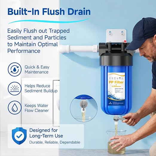 Whole House Big Blue Water Filter System with Drain Valve, PP Sediment Water Filter System 5 Micron, 10" x 4.5" Housing, 1" FNPT Ports, Reduces Sand, Rust, Silt & Dirt, Protects Plumbing & Appliances