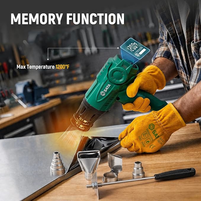 SATA Heat Gun with LCD Display, Variable Temperature 120℉-1200℉ Hot Air Gun with Memory Function and One-Touch Cooling for Vinyl Wrap, Paint Remover, Heat Shrink and Crafts, Anti-Scald Air Nozzle
