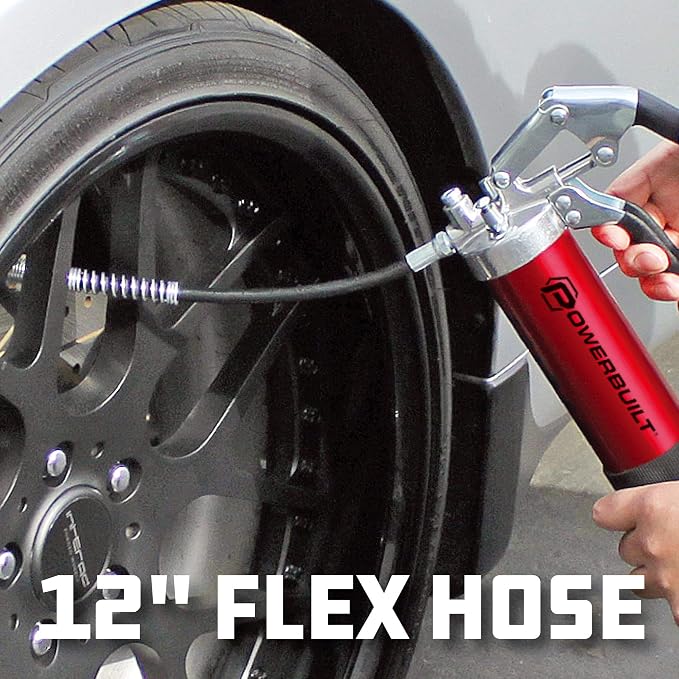 Powerbuilt 4,500 PSI Heavy Duty Pistol Grip Grease Gun, Anodized Aluminum Barrel with Rubber Grip, Includes Flex Hose, Rigid Pipe & Coupler – 940798