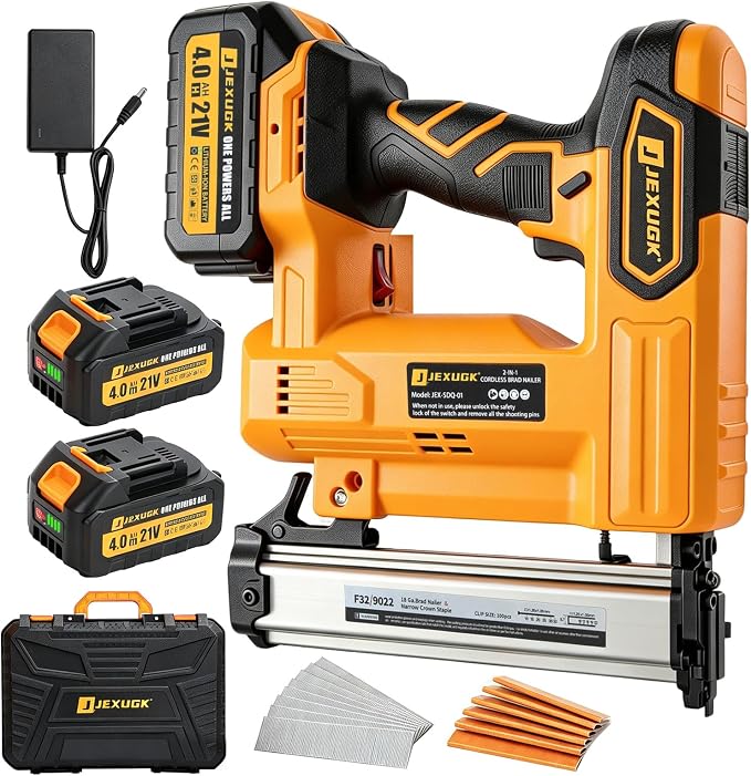 JEXUGK Cordless Brad Nailer, 18 GA Nail Gun Battery Powered with 2 x 4.0Ah Battery, 2 in 1 Electric Nail Gun with 1000 Brad Nails and 1000 Staples, Finish Nailer for Woodworking & Home Improvement