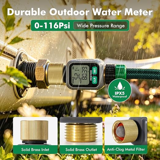 [2 Pack] RESTMO Water Flow Meter with Dual Zone Display Screen, Brass Inlet & Outlet Water Meter, ±4% Accuracy, Measure Gallon/Liter Consumption and Flow Rate for RV, Garden Hose, Sprinkler & Nozzle