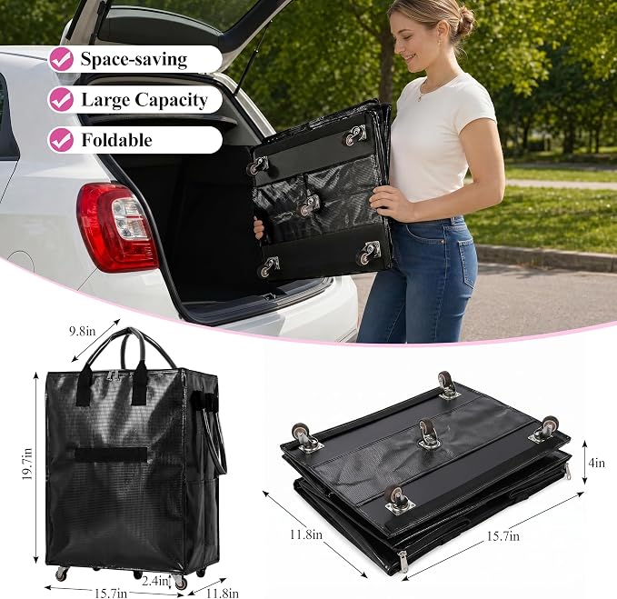 Reusable Grocery Bag on 5 Wheels, Rolling Shopping Bags with Removable Baseboard, Foldable Tote Cart for Groceries, Laundry, Organization, Moving (Black)