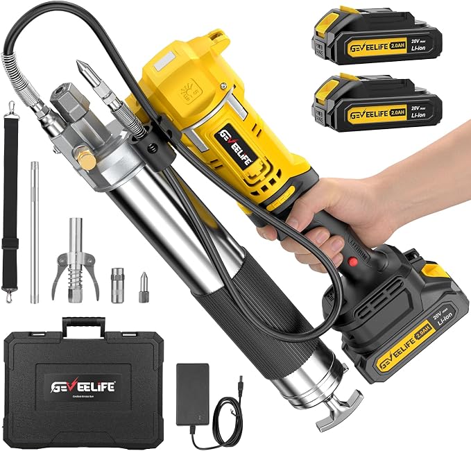 GEVEELIFE Electric Grease Gun - Equipped with 2×2000mAh Batteries, Fast Charger & 90° Swivel Coupler, 12,000 PSI - Works with Bulk & Cartridge Grease for Farm, Truck, Construction