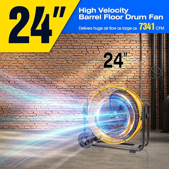 iLIVING 24 Inches 7341 CFM Heavy Duty High Velocity Barrel Floor Drum Fan With DC Brushless Motor,Stepless Speed Adjustment for Workshop, Garage, Commercial or Industrial Environment, UL Safety Listed