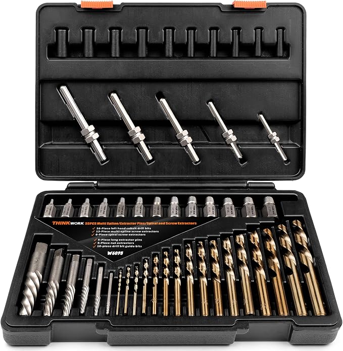 THINKWORK Screw Extractor Set, 55 Pieces Easy Out Bolt Extractor Set, Left Hand Drill Bit Set for Removing Broken Stripped Screws, Studs, Fittings and Lugs Extraction