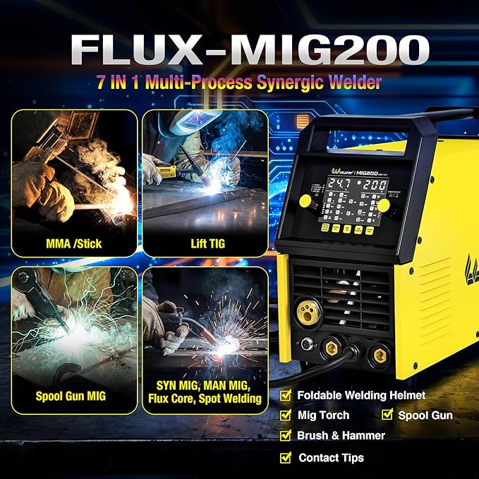 Weldpro MIG Welder, 200Amp 7-in-1 Gas MIG/Gasless Flux Core MIG/Synergic MIG/Lift TIG/MMA/Spot/Spool Gun Aluminum Multi process Welding Machine with Large LED Display, IGBT, 2T/4T, Save Job