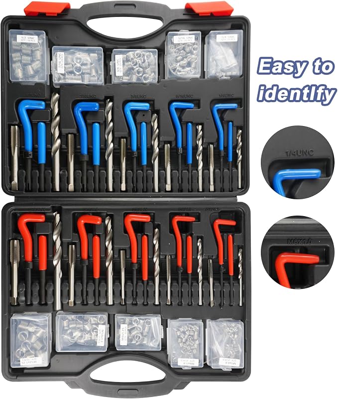 263PCS Helicoil Thread Repair Kit, Metric&SAE Thread Restorer Kit | HSS Helicoil Drill Rethreading Tools in 1/4" 5/16" 3/8" 7/16" 1/2" & M5 M6 M8 M10 M12 Sizes and Thread Gauge