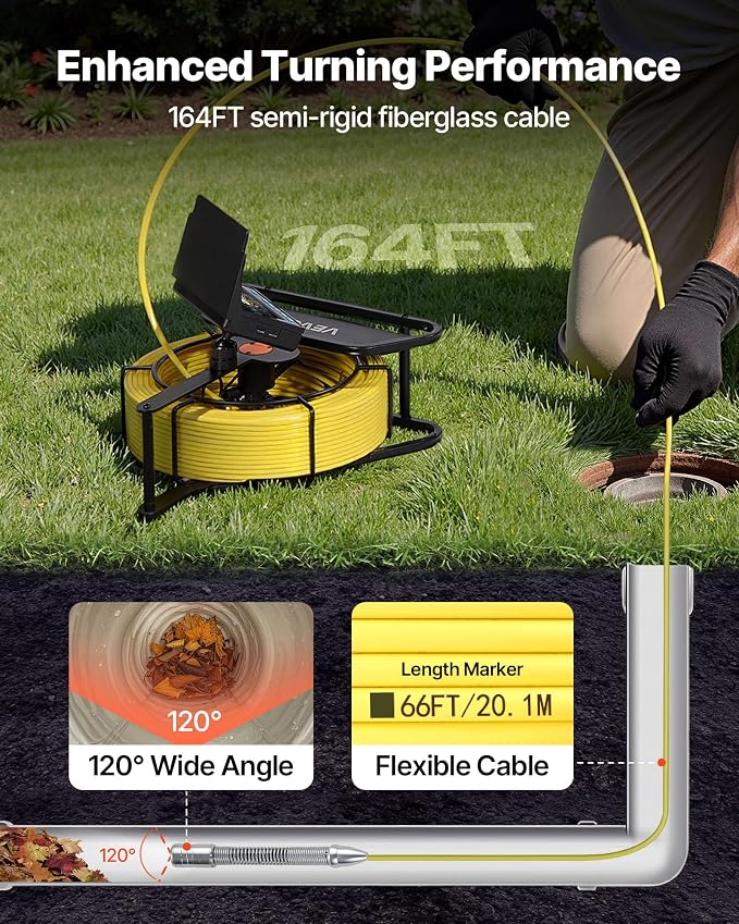 VEVOR Sewer Camera, 164 ft/50m, Self-Leveling Drain Inspection Camera with 4.3" 1080P HD Screen, IP68 Waterproof Snake Plumbing Camera with Lights - 12 LEDs & 16GB Card for Sewer Line Duct Pipe