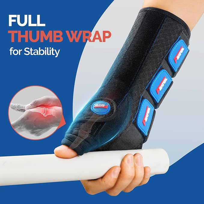FEATOL Carpal Tunnel Wrist Brace Night Support, Thumb Spica Splint Left Hand for De Quervains Tenosynovitis, Tendonitis, Thumb Brace for Women Men, Black Blue, Large/XLarge