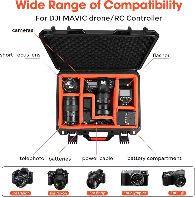 Camera Hard Case DSLR SLR Lens Waterproof Travel Weatherproof Cases | Large Carrying Protection Dividers For DJI Mavic/Air/Mini Drones for Sony FE 400-800mm For Gopro (Only Case) 16.2x12.8x7inch