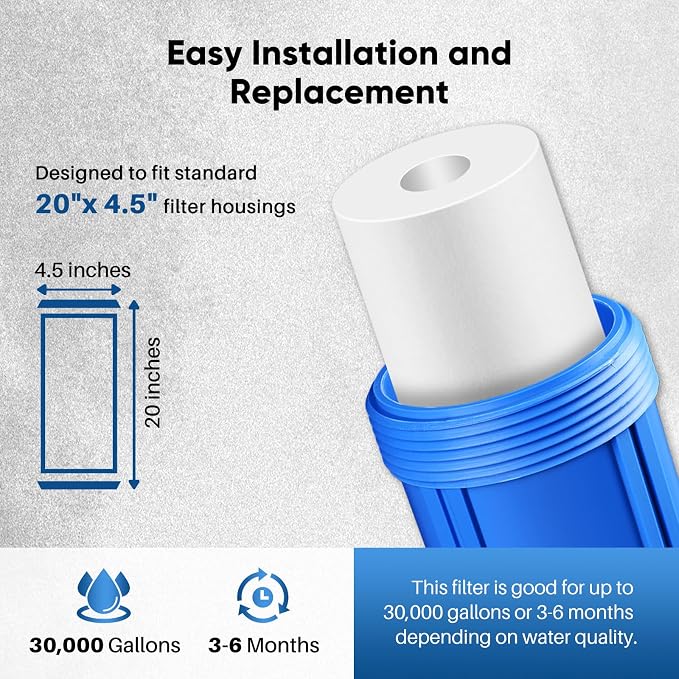 PUREPLUS 5 Micron 20" x 4.5" Whole House Sediment Home Water Filter Replacement Cartridge, Compatible with DGD-5005-20, AP810-2, P5-20BB, FP25B, FPMB5-20, 155358-43, SDC-45-2005, 4 Pack