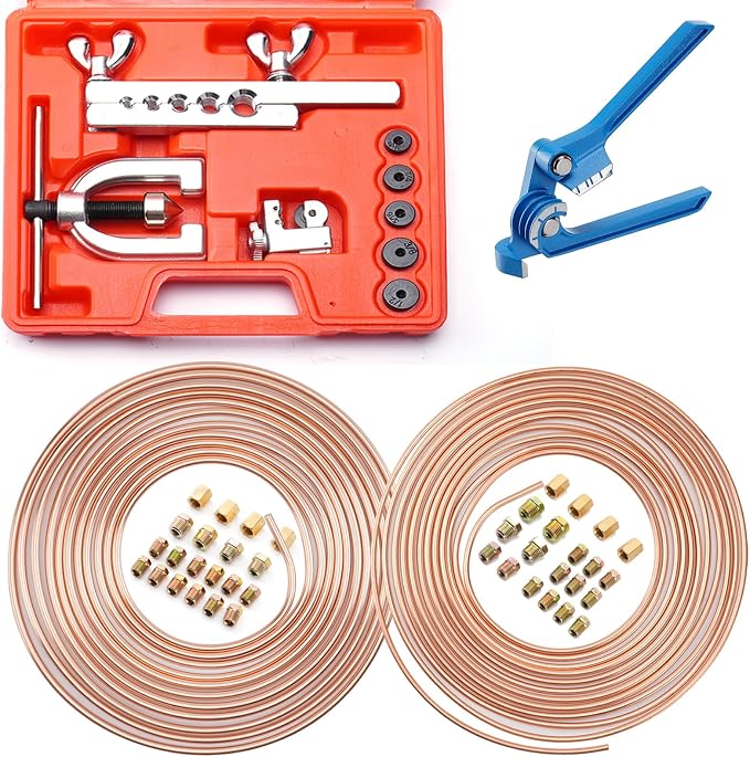 25 ft 1/4" + 3/16" Copper Coated Brake Line Kit (Includes 32 Fittings and 8 Unions) + Tube Bender + Brake Line Double & Single Flaring Tool Kit