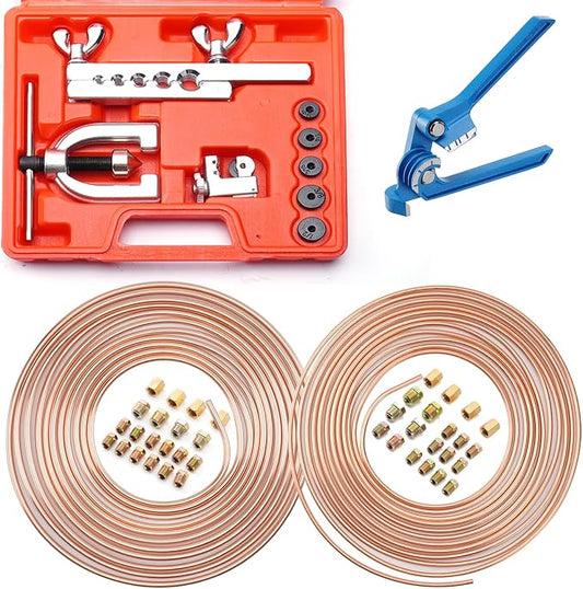 25 ft 1/4" + 3/16" Copper Coated Brake Line Kit (Includes 32 Fittings and 8 Unions) + Tube Bender + Brake Line Double & Single Flaring Tool Kit