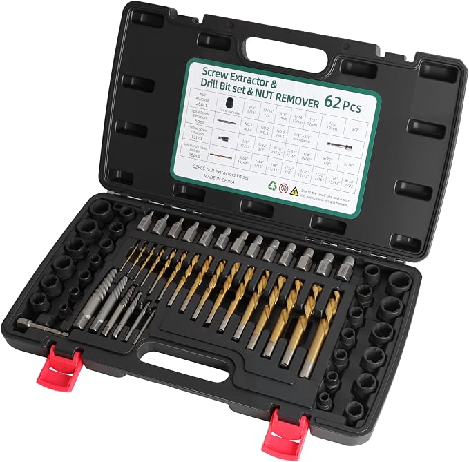 62Pcs Screw Extractor Set with Left Hand Drill Bit, Bolt Extractor Kit for Damaged and Rusty Screws
