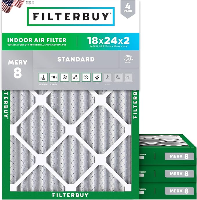 Filterbuy 18x24x2 Air Filter MERV 8 Essential Dust & Allergy Defense (4-Pack), Electrostatic Pleated HVAC AC Furnace Filters Replacement, Made in USA (Actual Size: 17.38 x 23.38 x 1.75)
