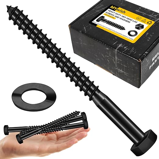 Mywish (25Sets) 1/2" x 5" Lag Bolts, 304 Stainless Steel 1/2 inch Lag Screws Bolts for Wood, Heavy Duty Hex Head with Flat Washers Bolt Kit, Black Oxided