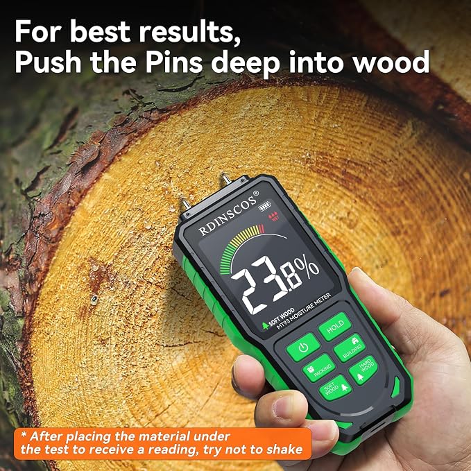 Rechargeable Moisture Meter for Wood, Drywall & Flooring | Pin-Type Moisture Detector, Replaceable Pins, Hold Function, Custom Wood Settings