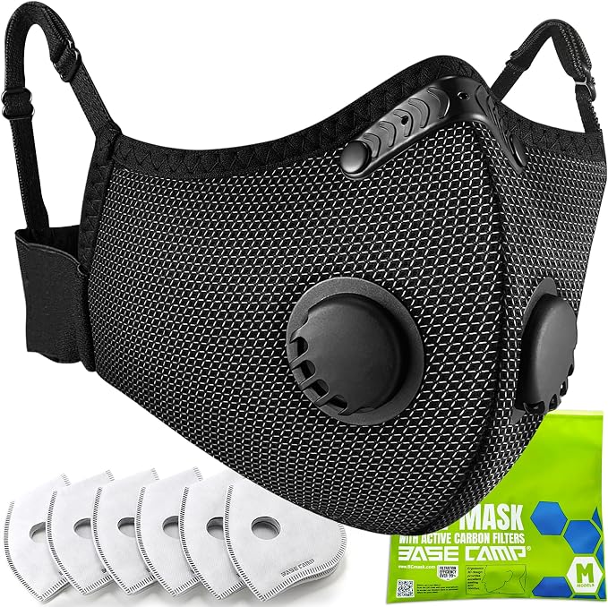 BASE CAMP Silver and Black Upgrade M Plus Dust Mask, Reusable Respirator Face Mask with 6 Activated Carbon Filters, Safety Work Masks for Woodworking, Construction, Yard Lawn Paint, Dust