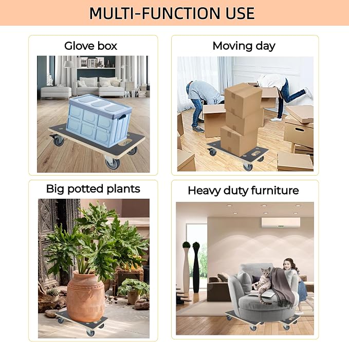 Furniture Dolly 4 Wheels, Furniture Movers, 2 Packs 2200 lb Load Capacity Heavy Duty Wood Dolly, Multifunctional Moving Dolly with 4 Soft Rubber Silent Wheels （2 with Brake+ 2 Without）