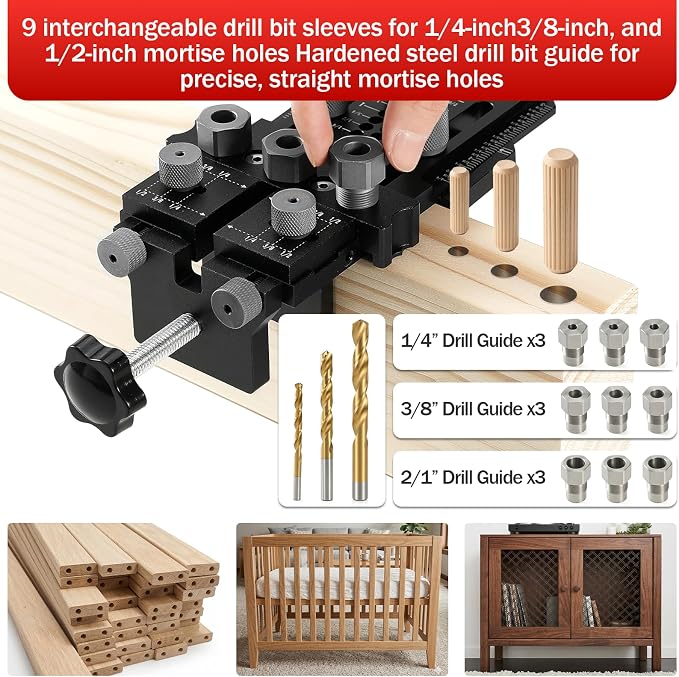 Woodworking Dowel Jig Kit, Precision Drill Guide with 1/4 3/8 1/2 Inch Bushings & Drill Bits, Adjustable Doweling Jig for Straight Holes, Quick Clamp System for Furniture Cabinet DIY Wood Joints
