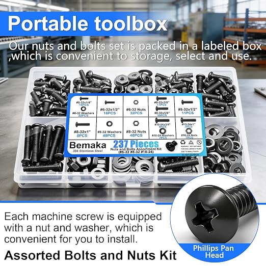 237PCS Machine Screws Nuts and Bolts Assortment Kit, 304 Stainless Steel Bolts 8 Sizes #6-32#8-32#10-24 Phillips Pan Head Hardware Screws Assortment Kit, Assorted Bolts, Nuts and Washers Kit
