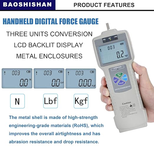 BAOSHISHAN ZP-500N Digital Force Gauge Push Pull Gauge with Output Function | LCD Backlit Display, Carrying Case, Tension/Compression Testing, Destructive Load Analysis, High Precision Sensor