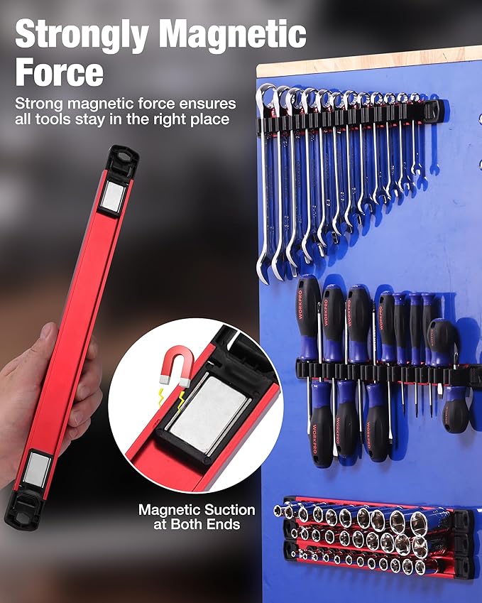 WORKPRO 6-Piece Magnetic Socket and Screwdriver Organizer Set | 3-Piece 1/4", 3/8" & 1/2" Drive Metric & SAE Socket Rails, 3-Piece Screwdriver and Wrench Holders