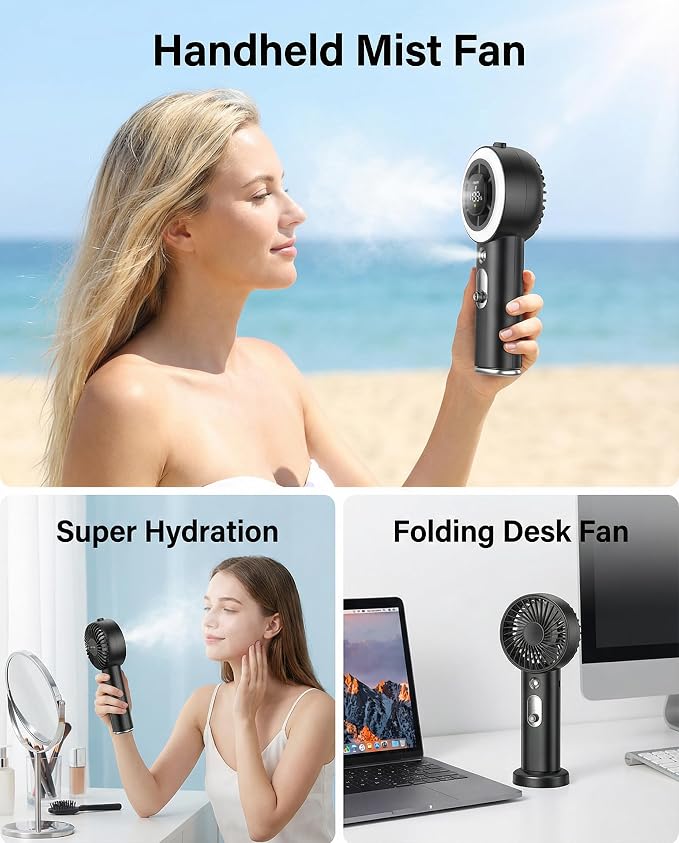 Portable Fan with Mist, Handheld Fan with 1-199 Speed, AC-Level Ice Cooling Personal Fan, 26000 RPM Powerful Turbo Fan, 40ml Water Tank & 5000mAh Battery Mini Fan for Travel, Makeup, Camping, Outdoors