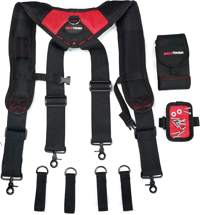MELOTOUGH 1 PACK Tool Belt with D ring and Strong Durable Double Metal Roller Buckle,Adjustable waist + 1 PACK Magnetic Suspenders Tool Belt Suspenders with Large Moveable Phone Holder