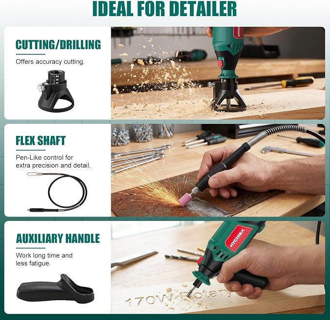 HYCHIKA 8000-35000 RPM Variable Speed Rotary Tool Kit with 179 Pcs Accessories, 180W Power Rotary Tool with Grinding Chain Bracket Flex Shaft for Wood Carving, Grinding, Cutting, Sanding, Polishing