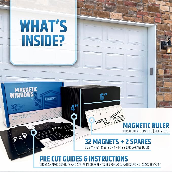 Strong & Glossy Magnetic Garage Door Windows - Looks Like Real Window Panels/Faux Panes - Decorative Hardware Kit - Easy to Align & Will Never Fall (Upgraded Magnets) | Fits 2 Car Garage | 32pcs 4"X6