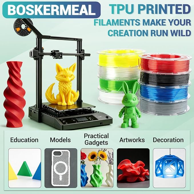8Pcs 95A TPU Filament Bundle - 1.75mm 3D Printer Filament Pack, High Hardness, Flexible & Clog-Free, Accuracy +/- 0.03mm, Individually Vacuum Packed, Fits Most FDM Printers, 200g Spool x 8