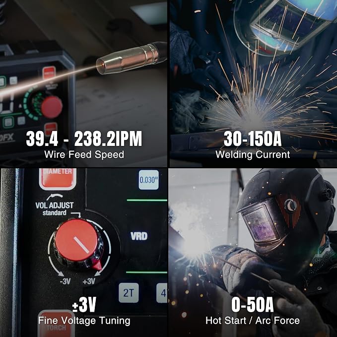 150A 3-in-1 Synergic MIG Flux Core Spot Welder 120V | Portable 8.2lb inverter automatically matches parameters | Joins 3/16" stainless steel sheets with clear LED tracking