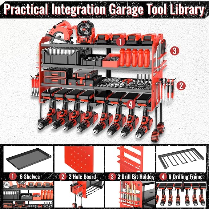 Power Tool Organizer Wall Mount, Metal Power Tool Storage Rack with Screwdriver Holder, Garage Tool Storage Shelves with Screwdriver Holder Plier Holder (Red, 8 Drills Holder)