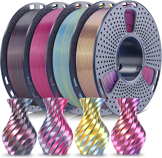 SUNLU Silk PLA+ Filament 1.75mm Multicolor 250gx4, Silky Glossy Four-Color PLA Plus 3D Printer Filament Bundle, RedYellowGreenBlack+BlackGreyRedYellow+BluePurpleOrangeYellow+BluePurpleRedGold